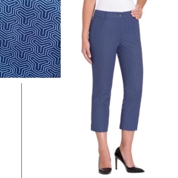 Hilary Radley Geo Print High Waist Blue Cropped Pants Slim Leg Stretch Slit Hem - Picture 1 of 16